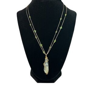 Gold and Green Beaded Drop Wire Wrapped Crystal Necklace